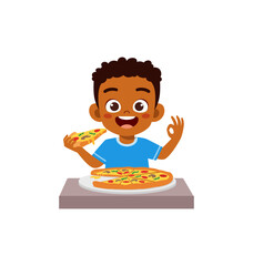 Wall Mural - little kid eating pizza and feel happy