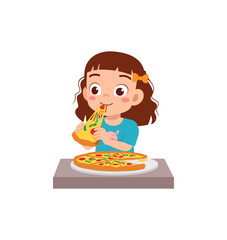 little kid eating pizza and feel happy