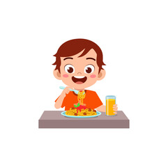 little kid eat spaghetti and feel happy