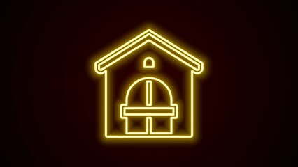 Poster - Glowing neon line Farm house icon isolated on black background. 4K Video motion graphic animation