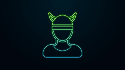 Poster - Glowing neon line Viking head icon isolated on black background. 4K Video motion graphic animation