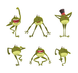 Sticker - Funny Green Frog with Protruding Eyes Expressing Different Emotion Vector Set