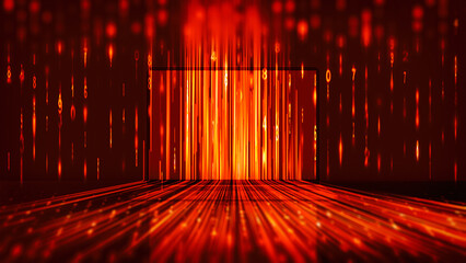 Futuristic digital binary information data and streaming binary code focus on laptop background. Complexity data modern digital age. 3D network concept with digits coding wallpaper.