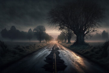 Creepy, frozen nature with mist and muddy path. Halloween festival concept.