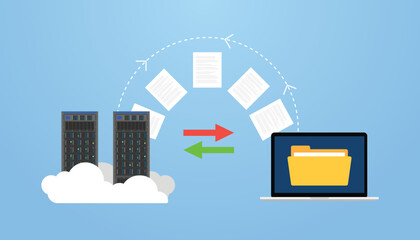 Wall Mural - data migration on server and computer with some transfer file concept with modern flat style