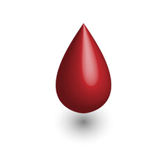 Blood droplet, shiny red colored hemoglobin blood drop isolated on white background. Blood donation. DNA test. Scientific design. Realistic 3d vector illustration.
