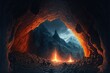 beautiful cave in the rock. Hot cave due to magma and volcano, volcanic eruption, portal to the underworld, deep dungeon, descent to hell, throne. AI