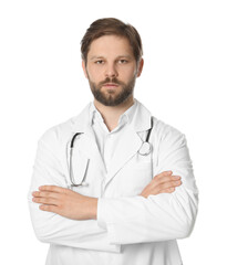 Canvas Print - Doctor or medical assistant (male nurse) in uniform with stethoscope on white background