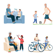 Vector Set Of Happy Grandfather Playing Football With His Grandson, Riding Bicycles, Playing With Toys. Time For Family And Raising Children.