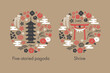 五重塔と神社の鳥居と植物の円形デザイン3色
