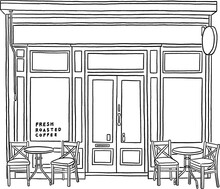 Cafe Restaurant Front Shop With Table And Seat Hand Drawn Line Art Illustration