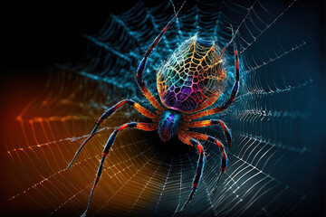 Spider in the center of its web on a colorful blurred background. Digital artwork	
