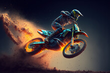 Dirt Bike Rider Doing A Big Jump. Supercross, Motocross, High Speed. Sport Concept. Digital Art