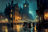 Fototapeta Londyn - Old European city street landscape, night city in the rain painting, historical cityscape, London street of 19th century