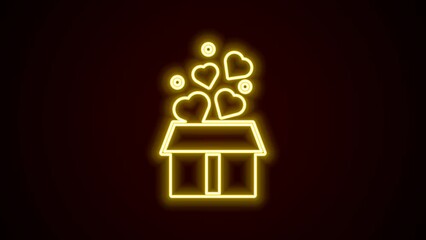 Wall Mural - Glowing neon line Gift box with hearts icon isolated on black background. Valentines day. 4K Video motion graphic animation