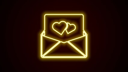 Sticker - Glowing neon line Envelope with Valentine heart icon isolated on black background. Message love. Letter love and romance. 4K Video motion graphic animation