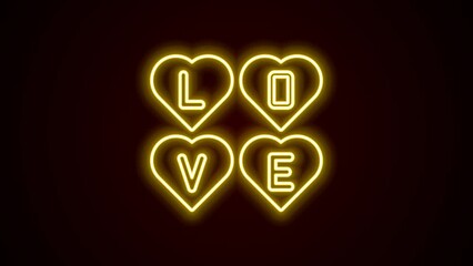 Sticker - Glowing neon line Love text icon isolated on black background. Valentines day greeting card template. 4K Video motion graphic animation