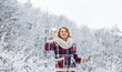 © be free - Pretty woman warm clothes snowy forest. Girl play snowball snowy landscape background. Snow games. Positivity concept. Happy moment. Winter vacation. Making snowball. Having fun with snowball