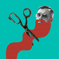 Contemporary art collage. Stylish man in trendy glasses over green background. Illusion scissors cutting beard