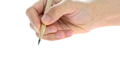 Wall Mural - Woman hand holding pencil on white background