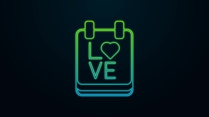 Sticker - Glowing neon line Calendar with February 14 icon isolated on black background. Valentines day. Love symbol. 4K Video motion graphic animation