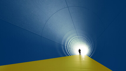 Concept or conceptual blue and yellow tunnel, the Ukrainian flag colors, with a bright light at the end as metaphor to hope and faith. A 3d illustration of a black silhouette of walking man to freedom