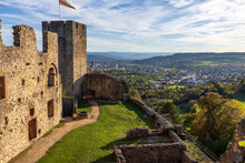 Roetteln Castle Ruins With A View Over Binzen To The Alps, Germany, Europe