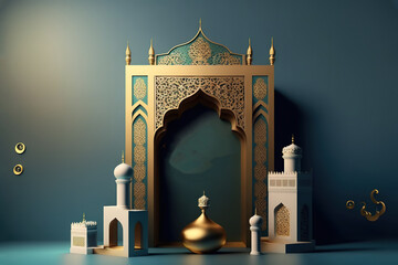 3d Islamic style podium banner for product display. Beautiful muslim invitation with ramadan. Eid mubarak. Religion background. AI