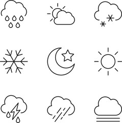 Wall Mural - collection of nine line icons of rain, sun over cloud, snow, star by moon, sun, rain, fog for shops,