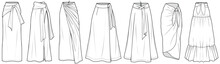 flat sketch set of womens skirt vector illustration technical cad drawing template