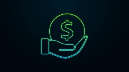 Canvas Print - Glowing neon line Money with shield icon isolated on black background. Insurance concept. Security, safety, protection, protect concept. 4K Video motion graphic animation