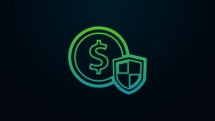 Wall Mural - Glowing neon line Money with shield icon isolated on black background. Insurance concept. Security, safety, protection, protect concept. 4K Video motion graphic animation