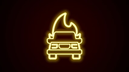 Poster - Glowing neon line Burning car icon isolated on black background. Insurance concept. Car on fire. Broken auto covered with fire and smoke. 4K Video motion graphic animation