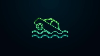 Canvas Print - Glowing neon line Flood car icon isolated on black background. Insurance concept. Flood disaster concept. Security, safety, protection, protect concept. 4K Video motion graphic animation