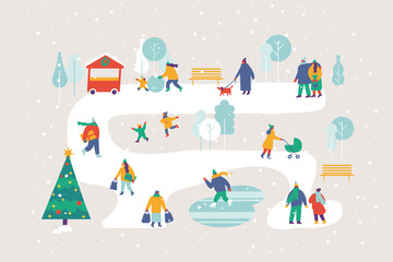 Winter people outdoor activities flat illustration