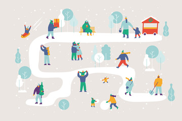 Poster - Winter people outdoor activities flat illustration