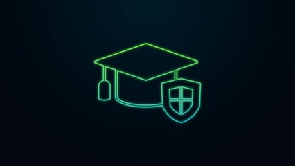 Poster - Glowing neon line Graduation cap with shield icon isolated on black background. Insurance concept. Security, safety, protection, protect concept. 4K Video motion graphic animation