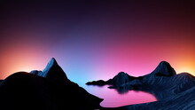 3d Render, Panoramic Background. Fantastic Scenery With Fiords Under The Colorful Sky. Seascape With Rocky Mountains