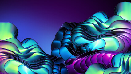 3d render, abstract neon background with curvy layers and folds. Drapery waving and fluttering. Modern ultraviolet wallpaper