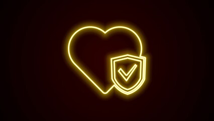 Sticker - Glowing neon line Life insurance with shield icon isolated on black background. Security, safety, protection, protect concept. 4K Video motion graphic animation