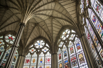 Poster - London, UK. Chapter House of the Collegiate Church of St. Peter  Westminster Abbey. Interior with staines glass windows