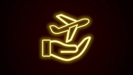 Wall Mural - Glowing neon line Plane in hand icon isolated on black background. Flying airplane. Airliner insurance. Security, safety, protection, protect concept. 4K Video motion graphic animation