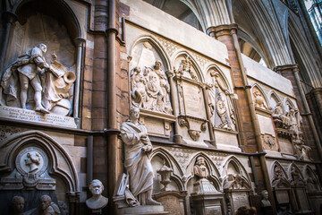  Poet's corner of Westminster Abbey, where high numbers of poets, play writers were berried. London, UK