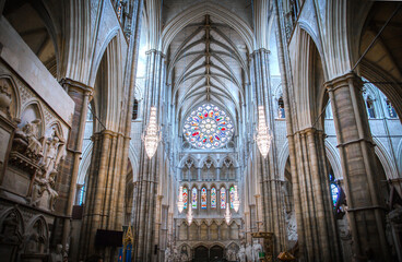 London, UK. North Transept view and Rose Window of the Collegiate Church of Saint Peter at Westminster