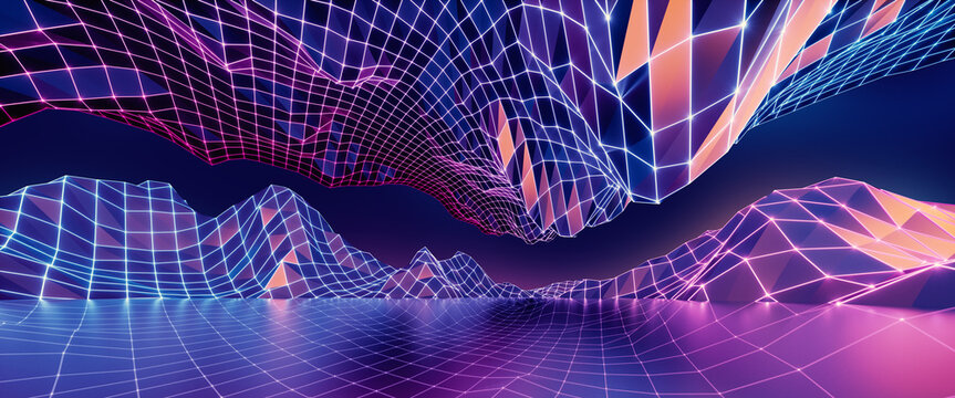 Wall Mural -  - 3d rendering, abstract virtual reality violet background, cyber space landscape with unreal mountains. Neon wireframe terrain