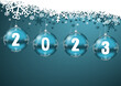 New Year 2023 greeting card illustration with dark blue Christmas baubles and snowflakes, winter concept greeting card