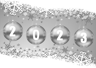 Aufkleber - New Year 2023 greeting card illustration with silver Christmas baubles and snowflakes, winter concept greeting card