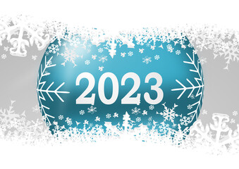 Aufkleber - New Year 2023 greeting card illustration with blue Christmas bauble and snowflakes, winter concept illustration