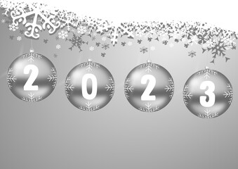 Wall Mural - New Year 2023 greeting card illustration with silver Christmas baubles and snowflakes