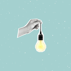 Сontemporary art collage of a hand holding a light bulb. Concept of creativity, inspiration, innovation, success, ideas. Copy space. 
